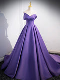 Simple Off Shoulder Satin Purple Long Prom Dress, Purple Long Evening Dress