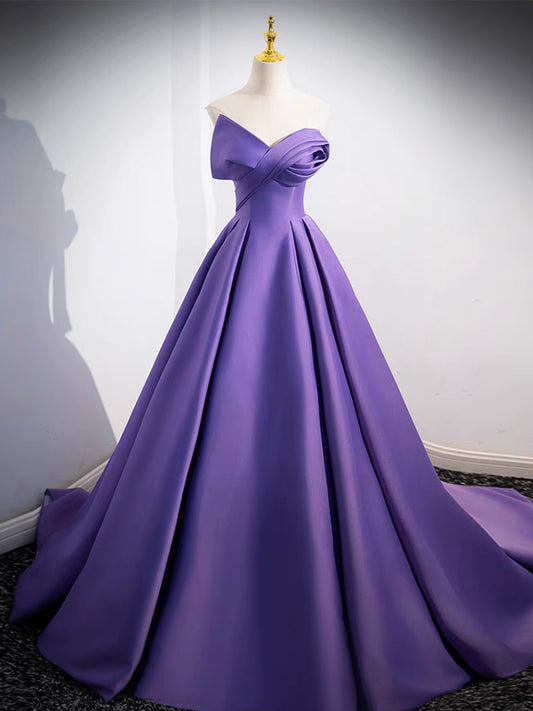 Simple Off Shoulder Satin Purple Long Prom Dress, Purple Long Evening Dress