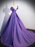 Simple Off Shoulder Satin Purple Long Prom Dress, Purple Long Evening Dress