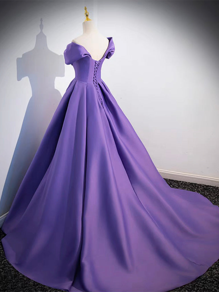 Simple Off Shoulder Satin Purple Long Prom Dress, Purple Long Evening Dress