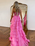 A-Line Sweetheart Neck Lace Chiffon Pink Long Prom Dress, Pink Lace Long Formal Dress