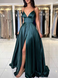 A-Line V Neck Dark Green Satin Long Prom Dress, Dark Green Evening Dress