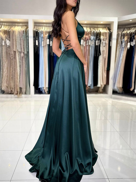 A-Line V Neck Dark Green Satin Long Prom Dress, Dark Green Evening Dress