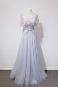 Gray tulle lace long prom dress, gray lace evening dress