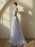 A-Line Off Shoulder Tulle Sequin Purple Long Prom Dress, Purple Long Formal Dress