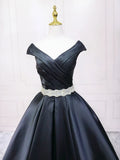 A-Line V Neck Satin Black Long Prom Dress, Black Long Evening Dress
