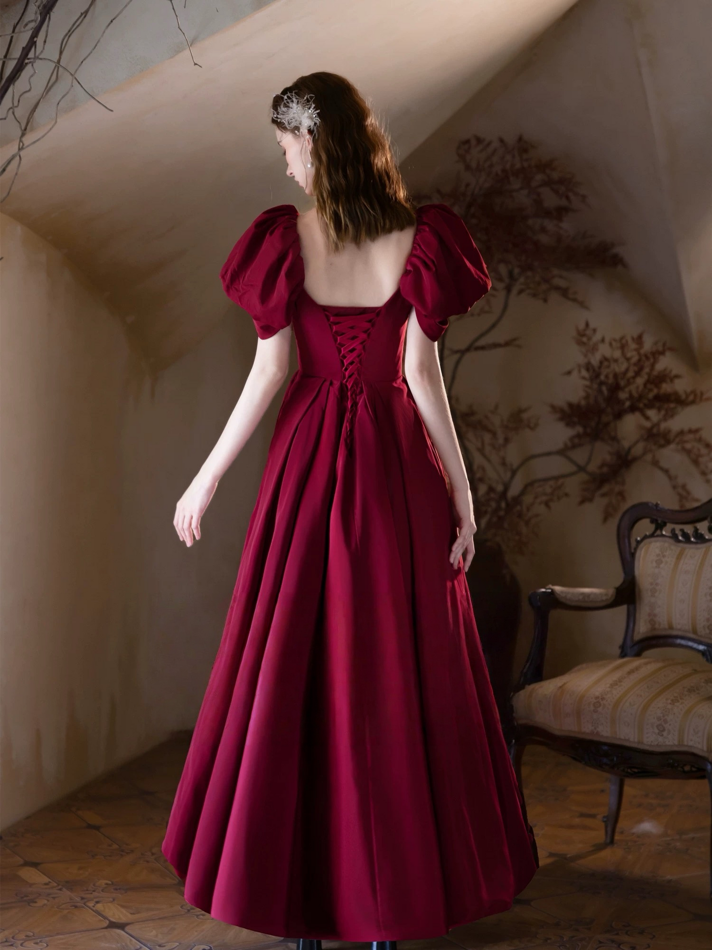 A-Line Puff Sleeves Satin Burgundy Prom Dress, Burgundy Long Formal Dress