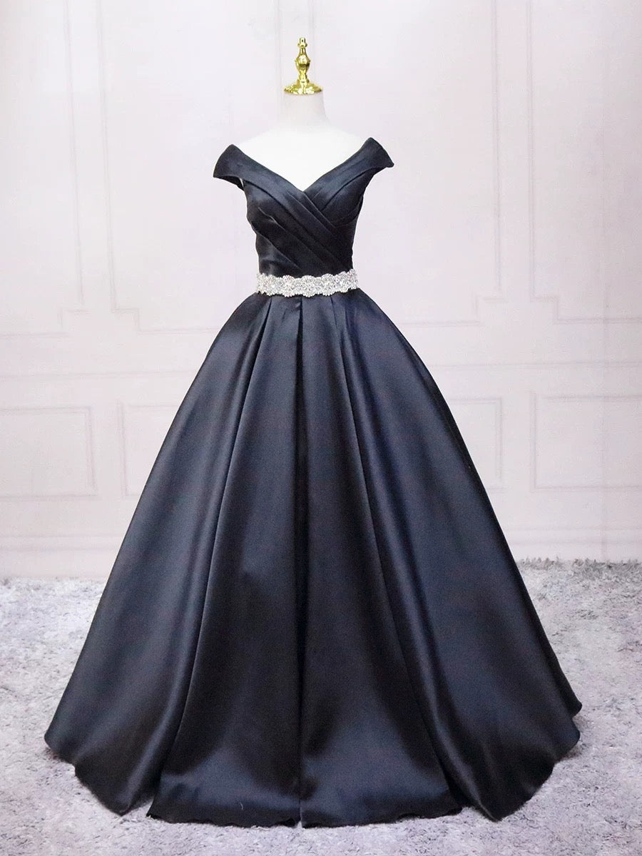 A-Line V Neck Satin Black Long Prom Dress, Black Long Evening Dress