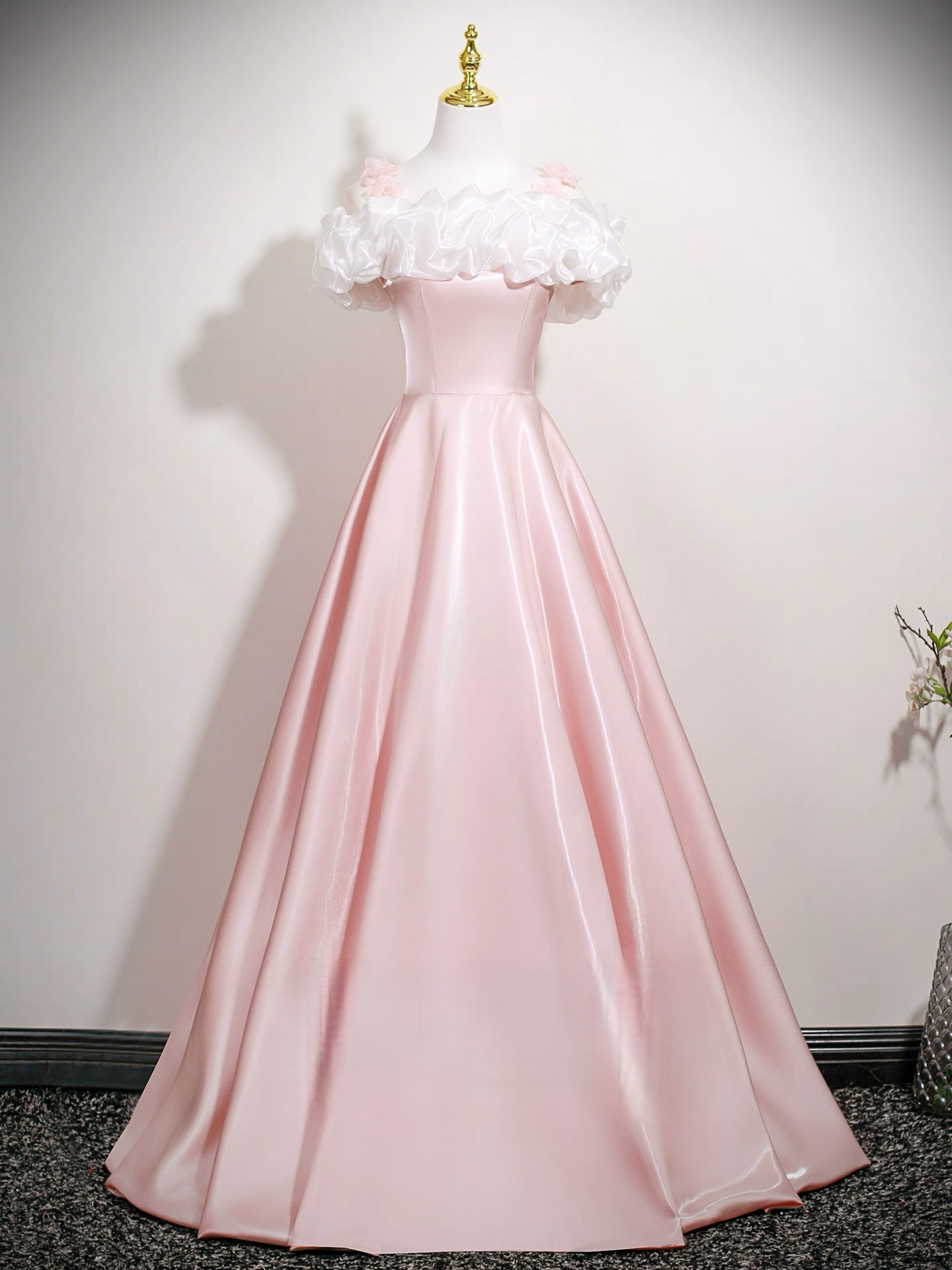 A-Line Off Shoulder Satin Pink Long Prom Dress, Pink Long Formal Dress