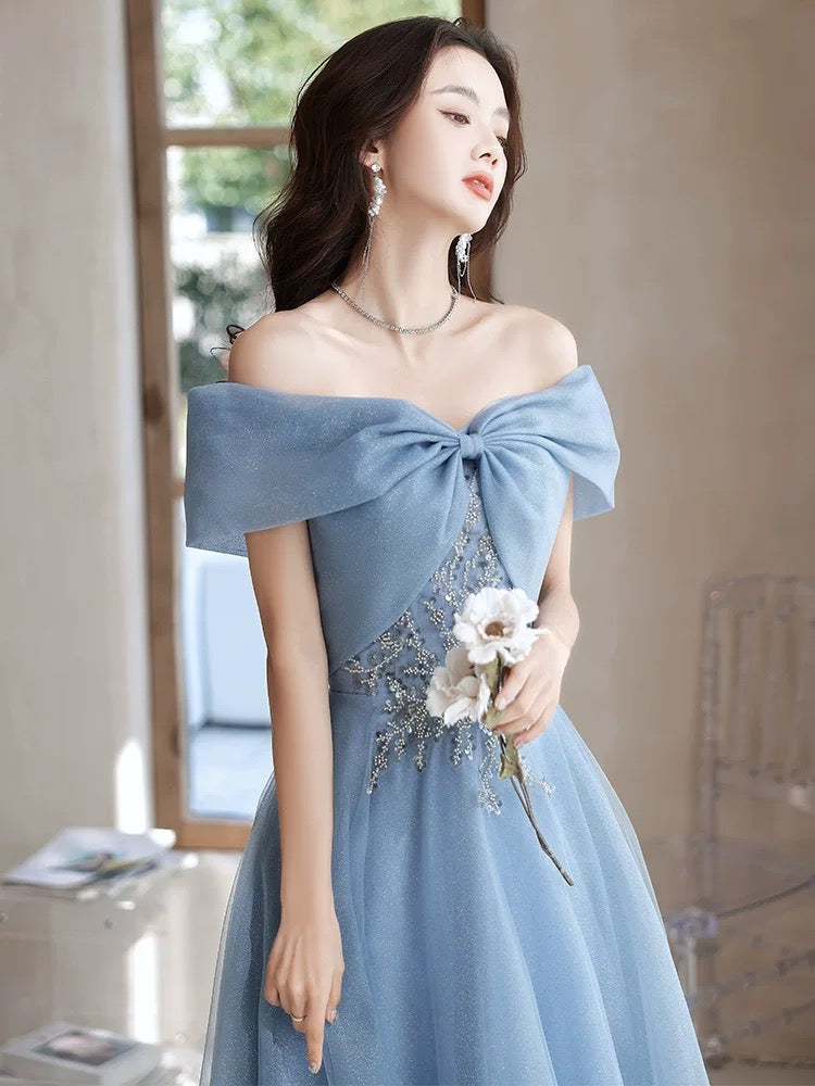 A-Line Off Shoulder Tulle Gray Blue Long Prom Dress, Gray Blue Long Formal Dress