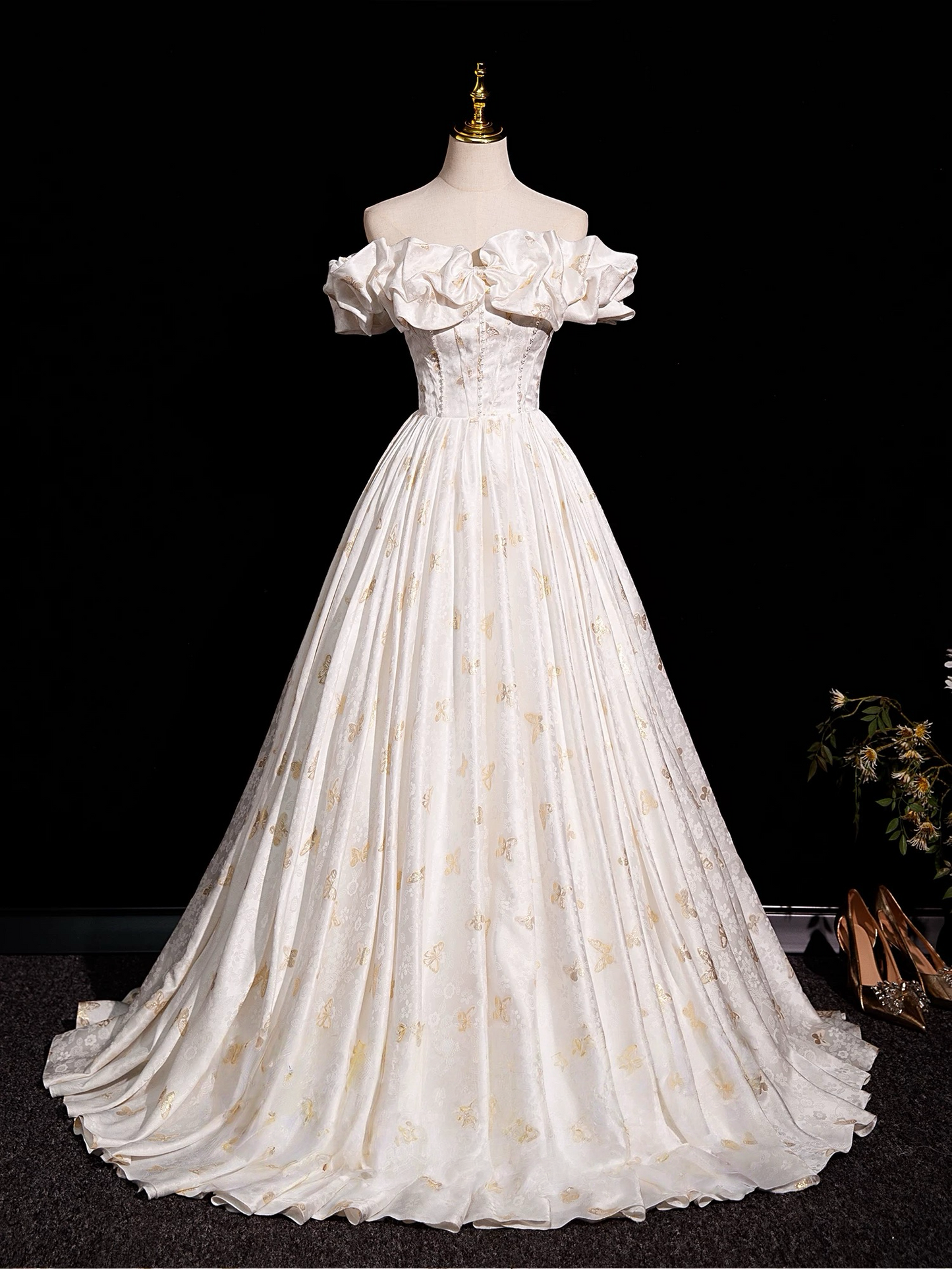A-Line Off Shoulder Printed Satin Light Champagne Long Prom Dress