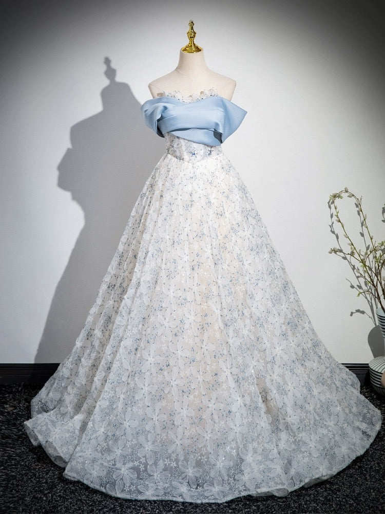 A-Line Off Shoulder Tulle Lace Blue Long Prom Dress, Blue Long Evening Dress