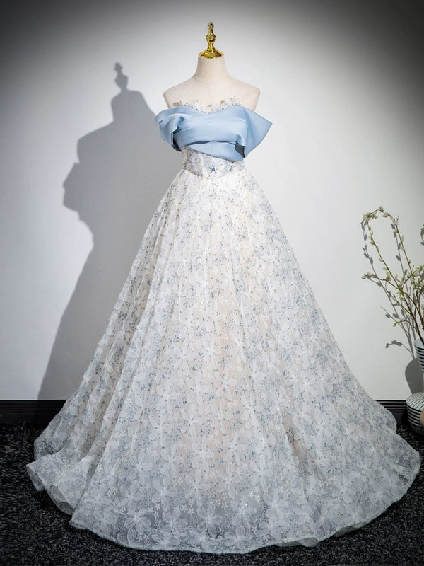 A-Line Off Shoulder Tulle Lace Blue Long Prom Dress, Blue Long Evening Dress