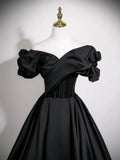 A-Line V Neck Satin Black Long Prom Dress, Black Long Evening Dress