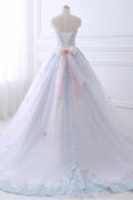 Light blue lace tulle long prom dress, evening dress