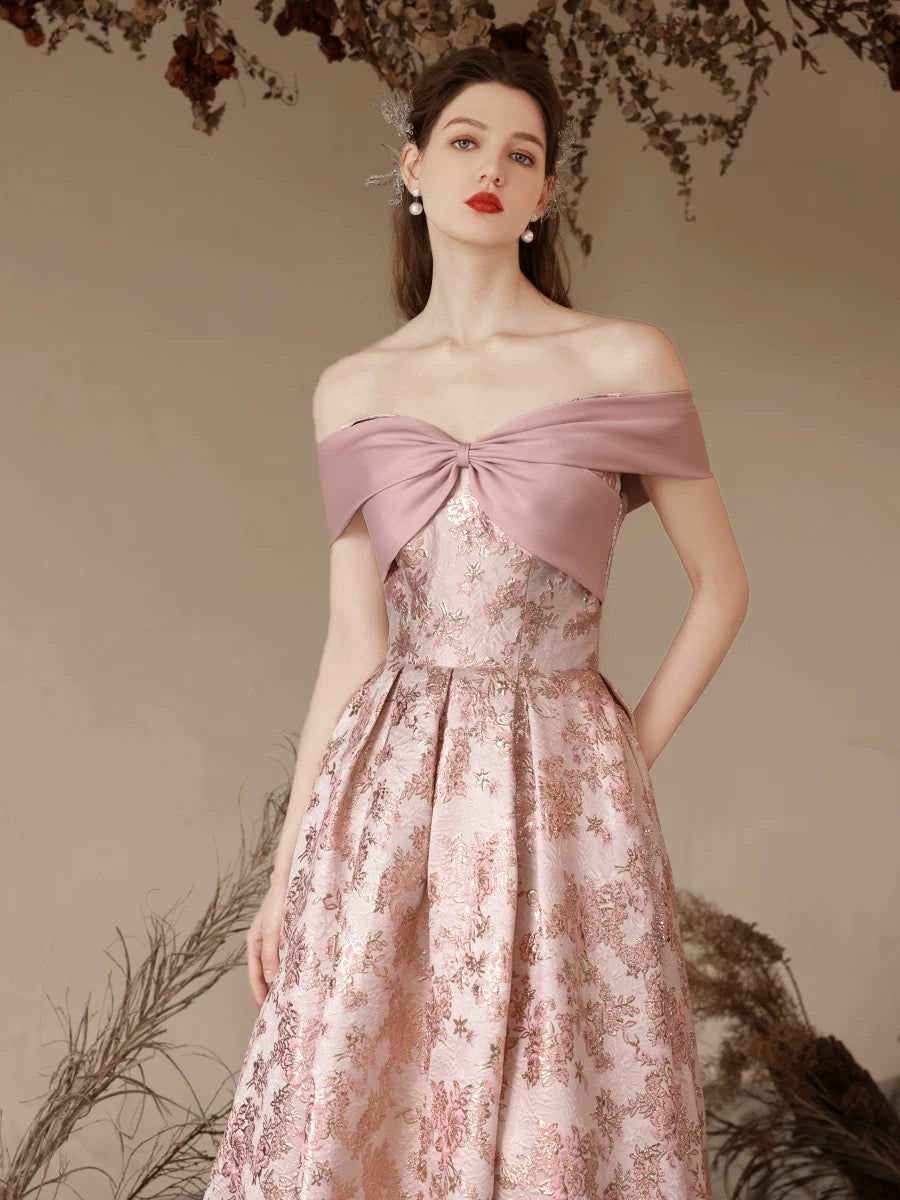 A-Line Off Shoulder Satin Pink Long Prom Dress, Pink Long Evening Dress