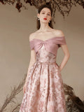 A-Line Off Shoulder Satin Pink Long Prom Dress, Pink Long Evening Dress