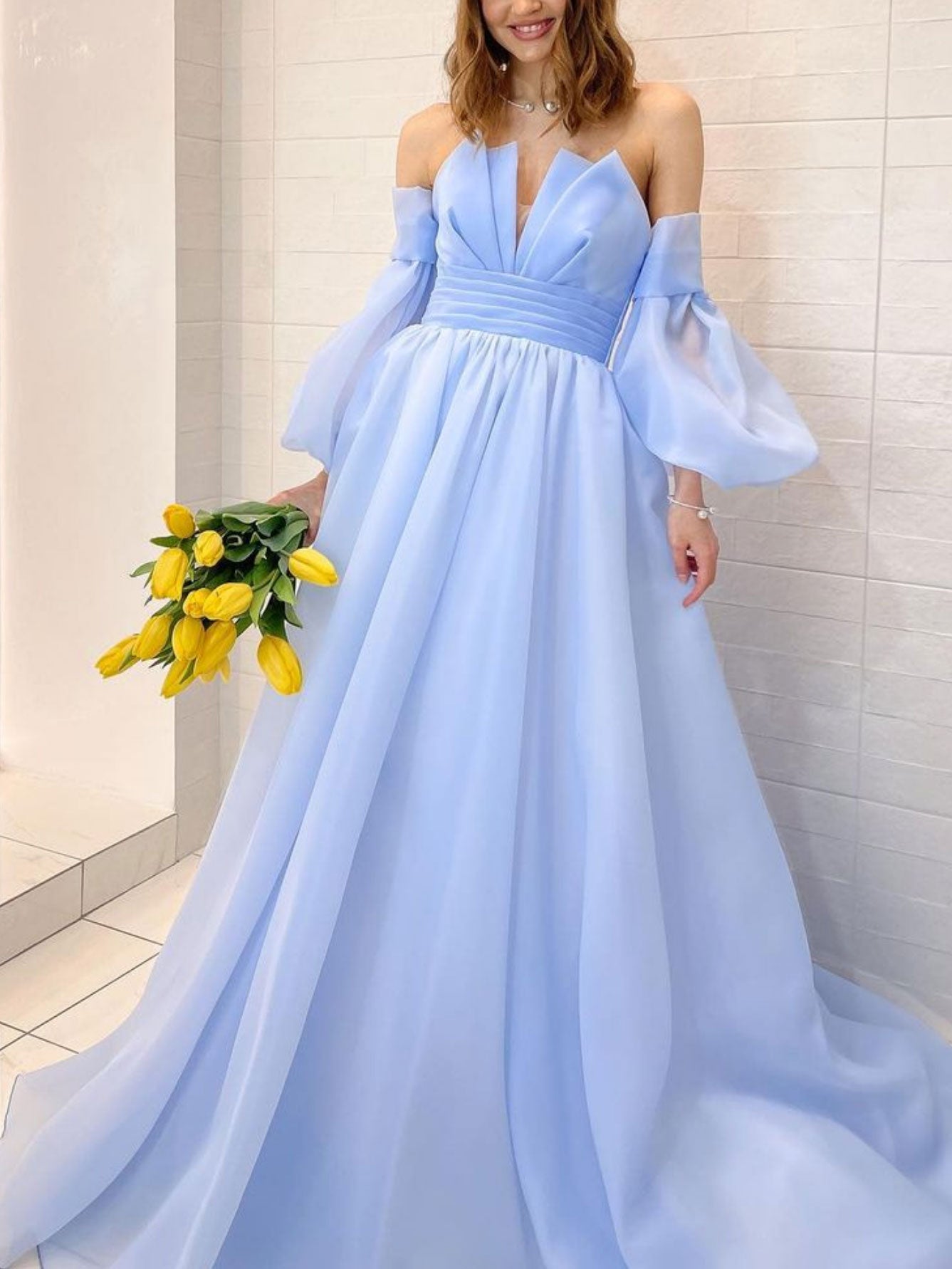 Aline Organza blue long prom dress puff sleeves blue long formal party dress