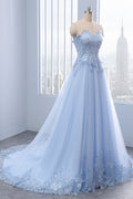 Light blue lace tulle long prom dress, evening dress
