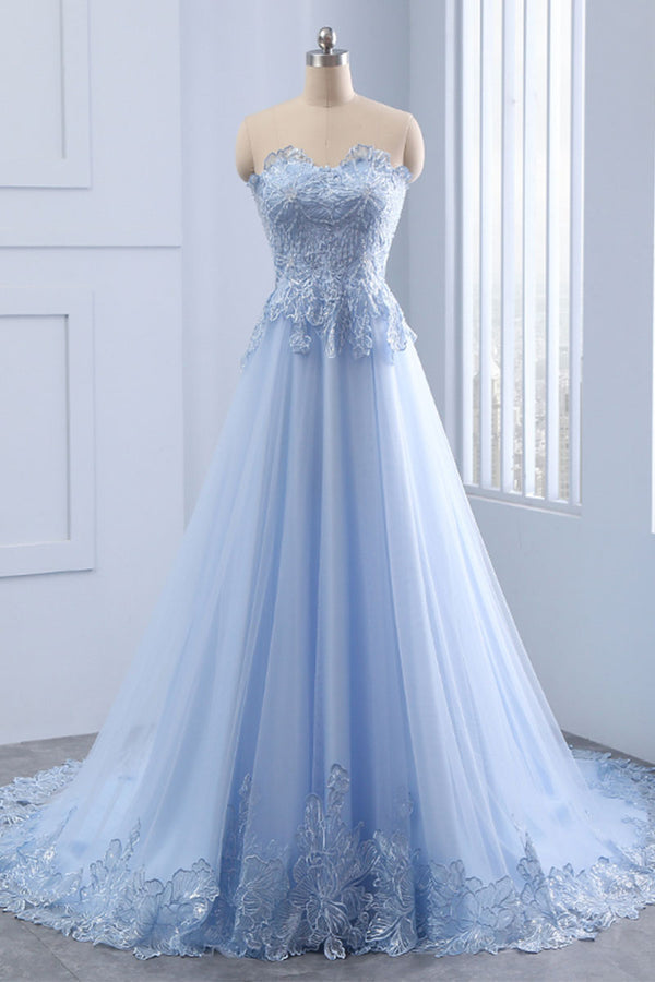 Light blue lace tulle long prom dress, evening dress