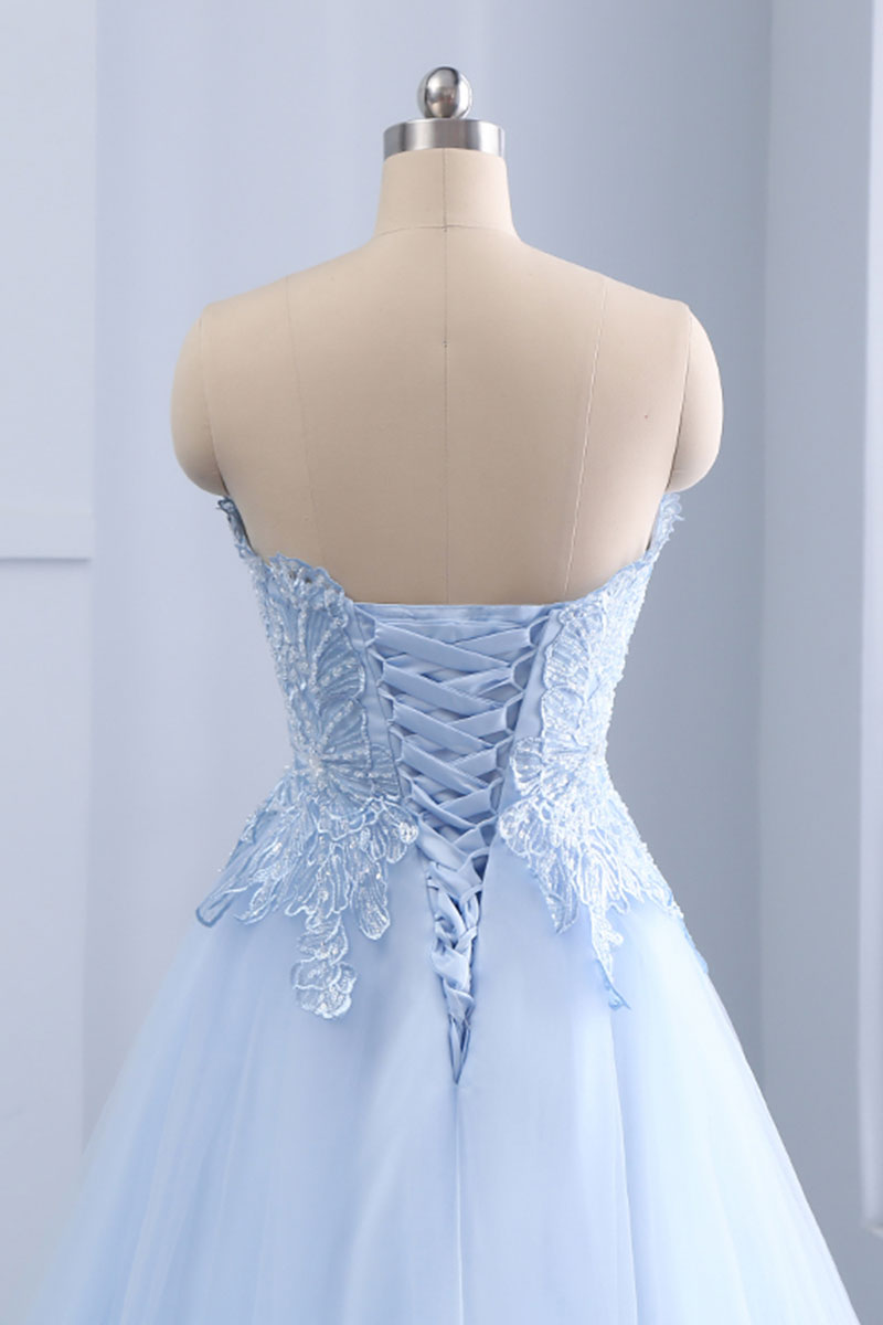 Light blue lace tulle long prom dress, evening dress