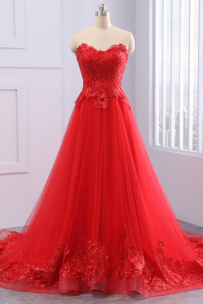 Red lace tulle long prom dress, evening dress
