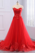 Red lace tulle long prom dress, evening dress