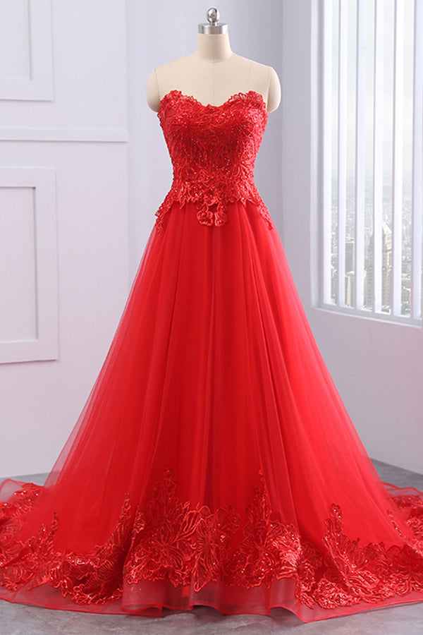 Red lace tulle long prom dress, evening dress