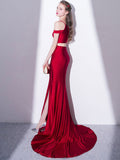 Simple two pieces satin burgundy long prom dress, burgundy party dress