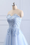 Light blue lace tulle long prom dress, evening dress