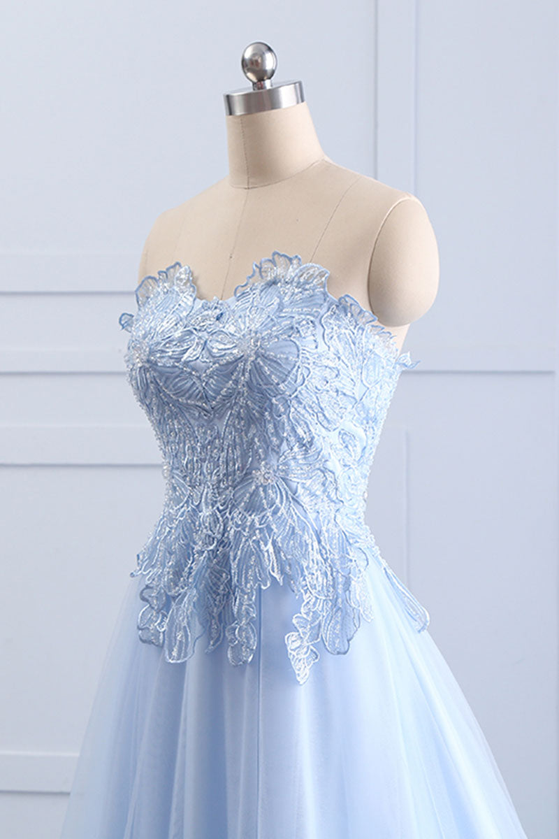 Light blue lace tulle long prom dress, evening dress