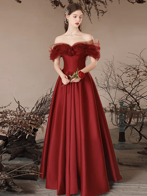 A-Line Off Shoulder Satin Burgundy Long Prom Dress, Burgundy Long Formal Dress