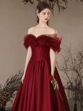 A-Line Off Shoulder Satin Burgundy Long Prom Dress, Burgundy Long Formal Dress