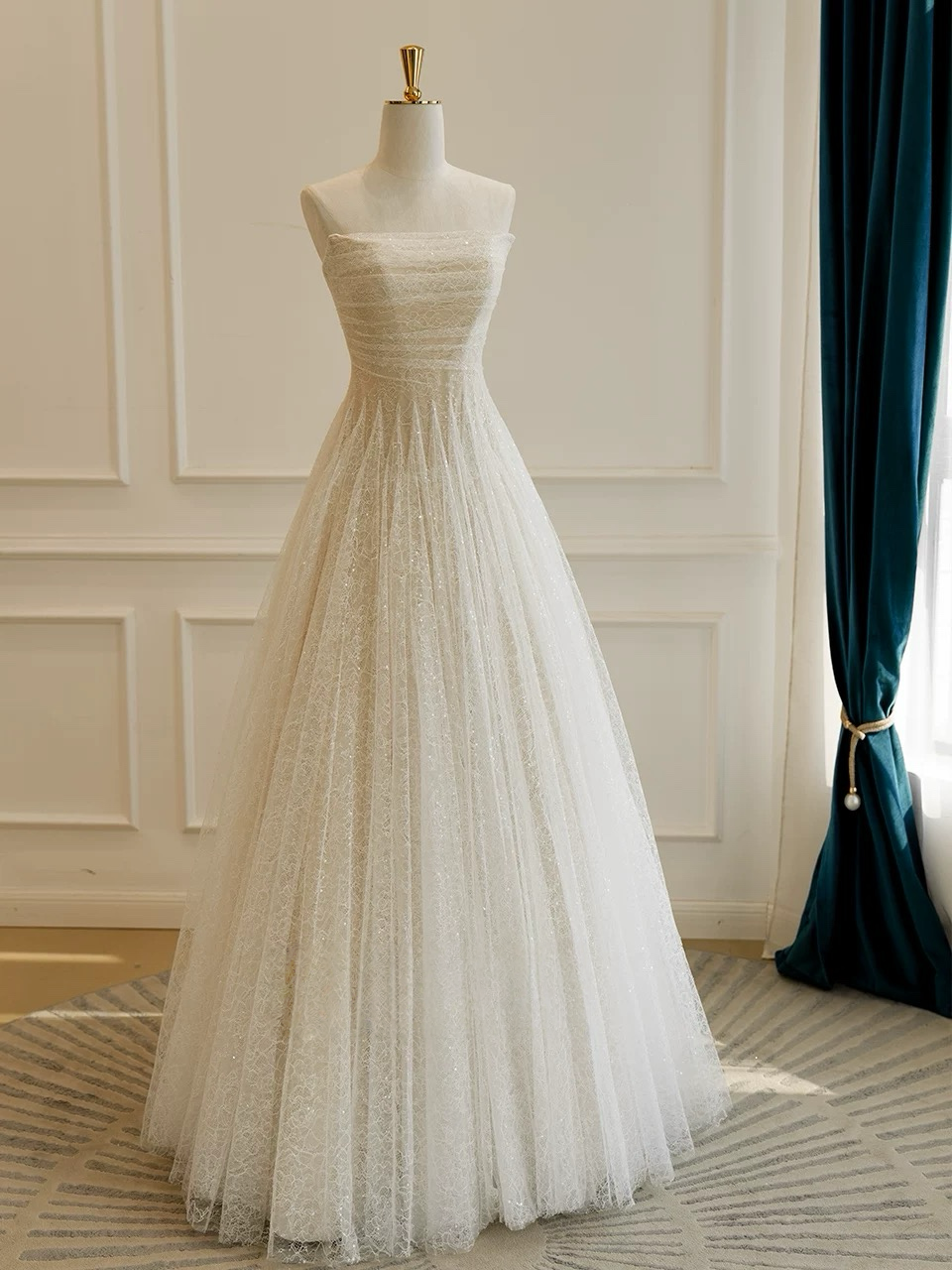 A-Line Tulle Lace Sequin Light Champagne Long Prom Dress