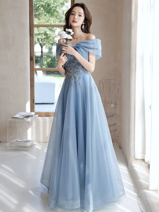 A-Line Off Shoulder Tulle Gray Blue Long Prom Dress, Gray Blue Long Formal Dress
