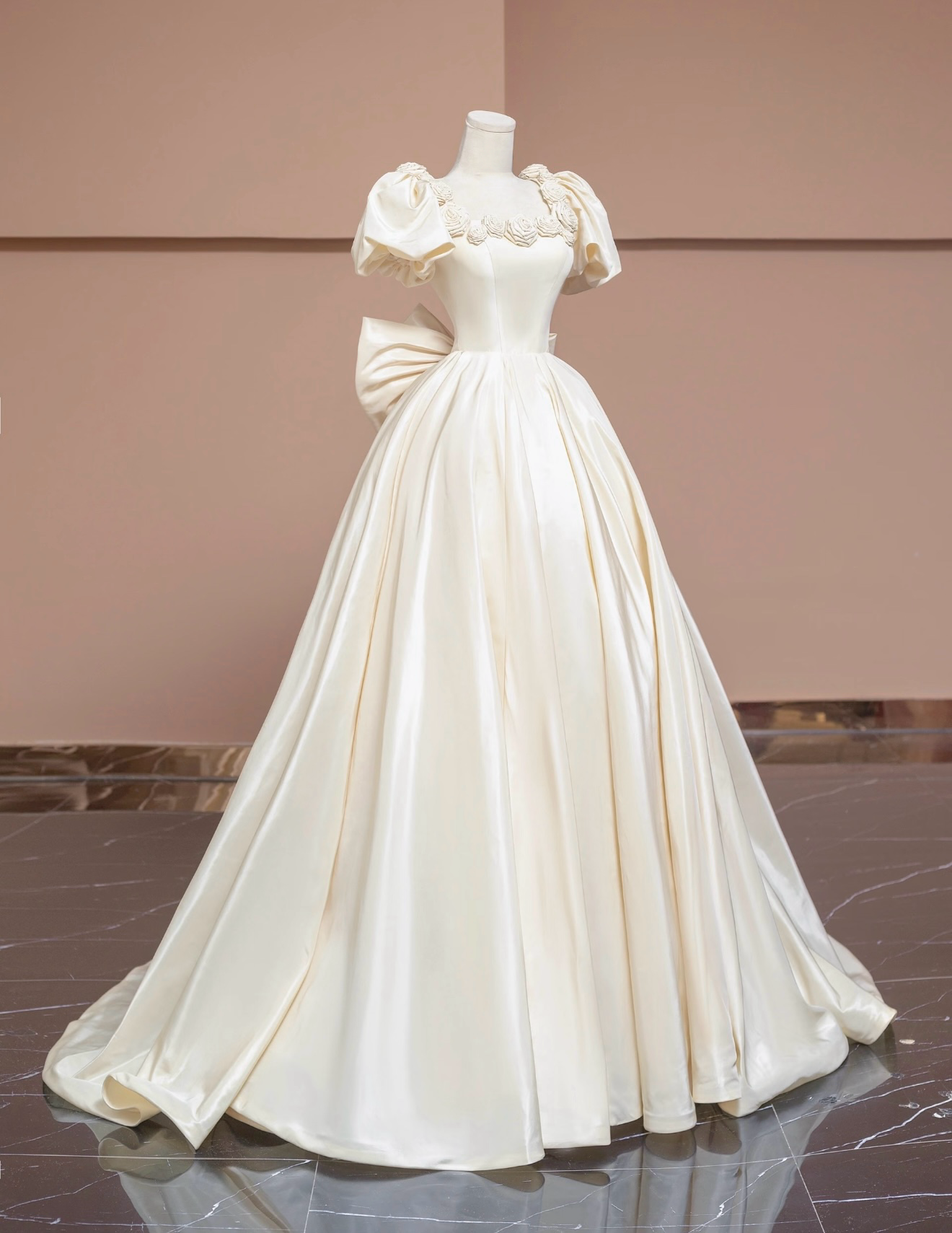 A-Line Puff Sleeves Satin Light Champagne Long Prom Dress, Light Champagne Evening Dress