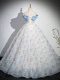 A-Line Off Shoulder Tulle Lace Blue Long Prom Dress, Blue Long Evening Dress