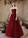 A-Line Tulle Lace Burgundy Long Prom Dress, Burgundy Long Formal Dress