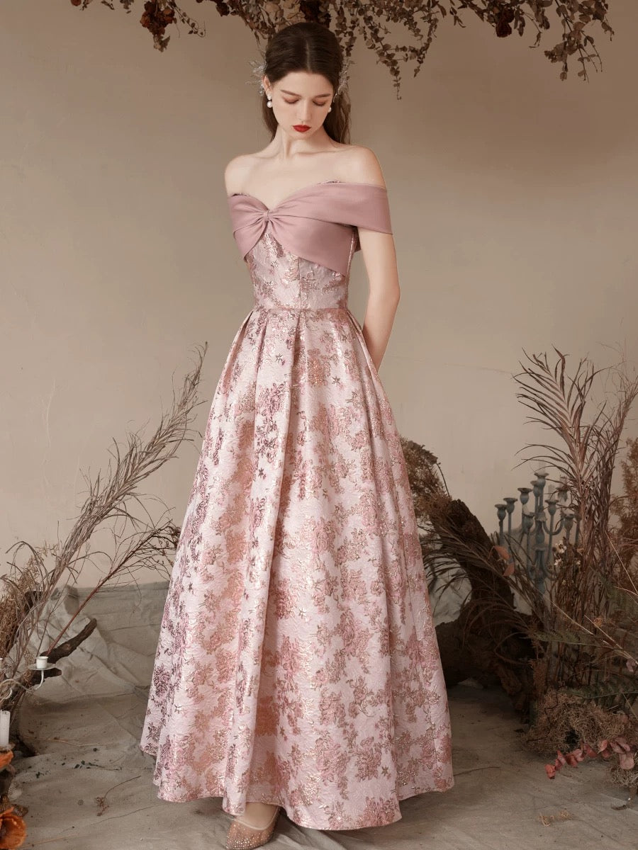 A-Line Off Shoulder Satin Pink Long Prom Dress, Pink Long Evening Dress