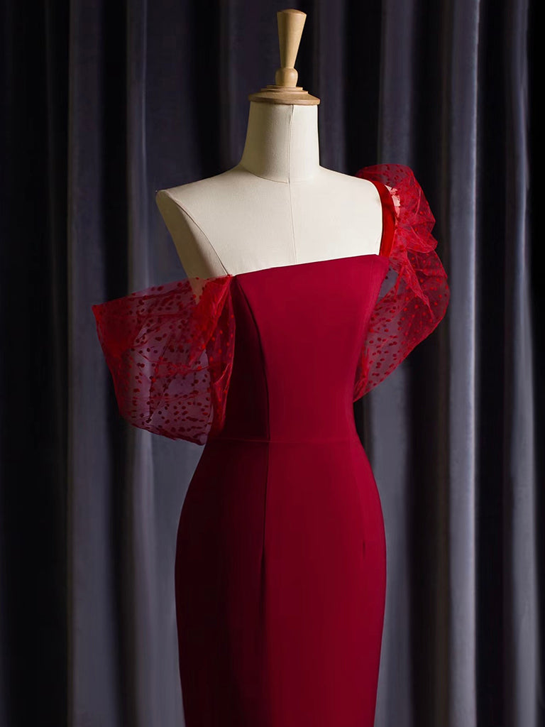 Mermaid One Shoulder Satin Tulle Burgundy Long Prom Dress