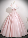 A-Line Off Shoulder Satin Pink Long Prom Dress, Pink Long Formal Dress