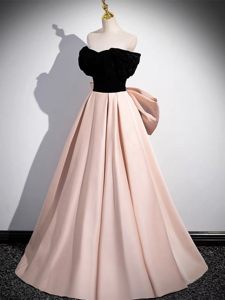 A-Line Off Shoulder Satin Champagne Long Prom Dress, Champagne Long Formal Dress