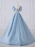A-Line Satin Blue Long Prom Dress, Blue Satin Long Formal Dress