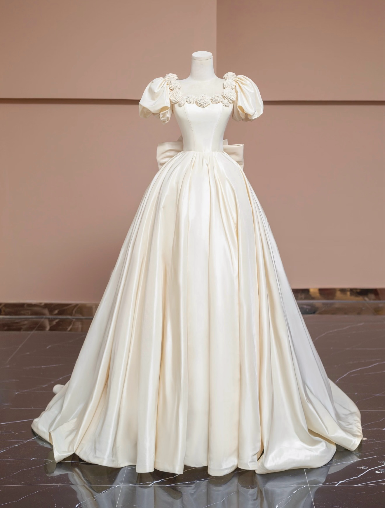 A-Line Puff Sleeves Satin Light Champagne Long Prom Dress, Light Champagne Evening Dress