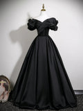A-Line V Neck Satin Black Long Prom Dress, Black Long Evening Dress