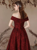 A-Line Off Shoulder Satin Burgundy Long Prom Dress, Burgundy Long Evening Dress