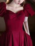 A-Line Puff Sleeves Satin Burgundy Prom Dress, Burgundy Long Formal Dress