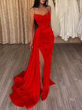 Unique mermaid satin long prom dress red long formal party dress