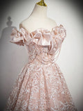A-Line Off Shoulder Tulle Lace Pink Long Prom Dress, Pink Long Evening Dress