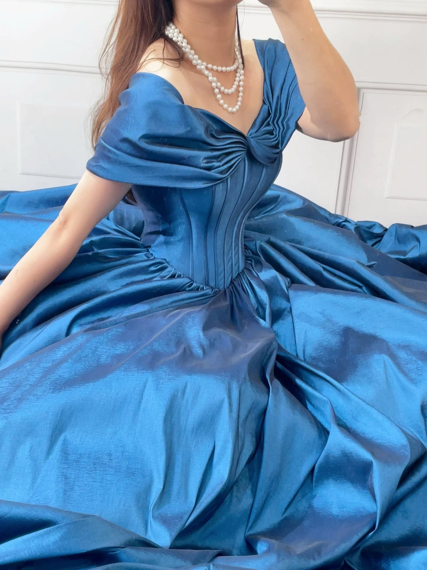 A-Line Off Shoulder Taffeta Blue Long Prom Dress, Blue Long Evening Dress